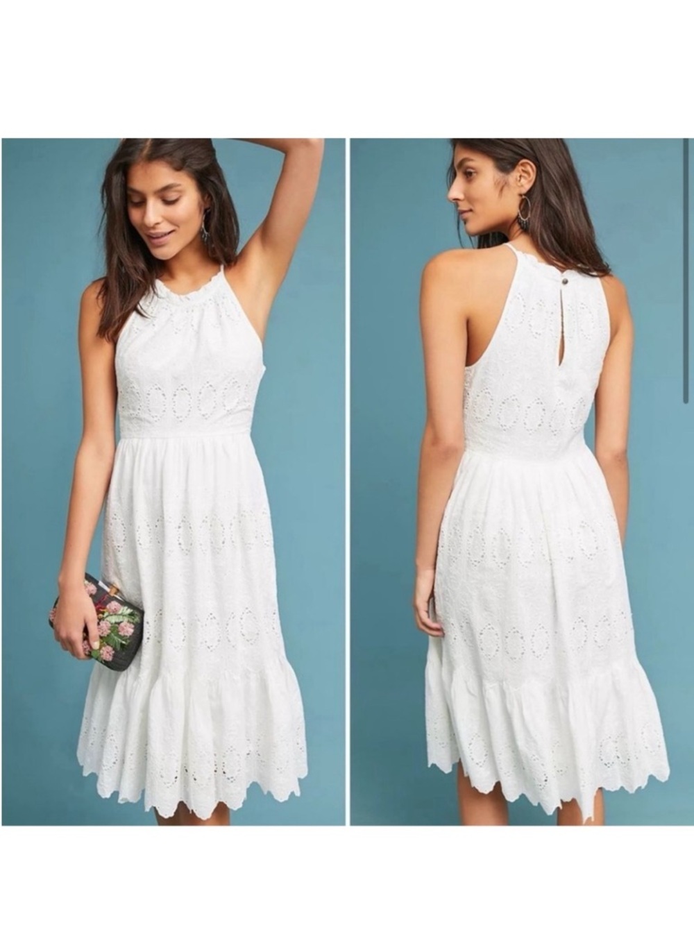 Anthro Maeve Tiered White Eyelet Lace Floral embroidered Halter Midi Dress S 4